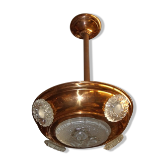Petit lustre art deco en cuivre et verre