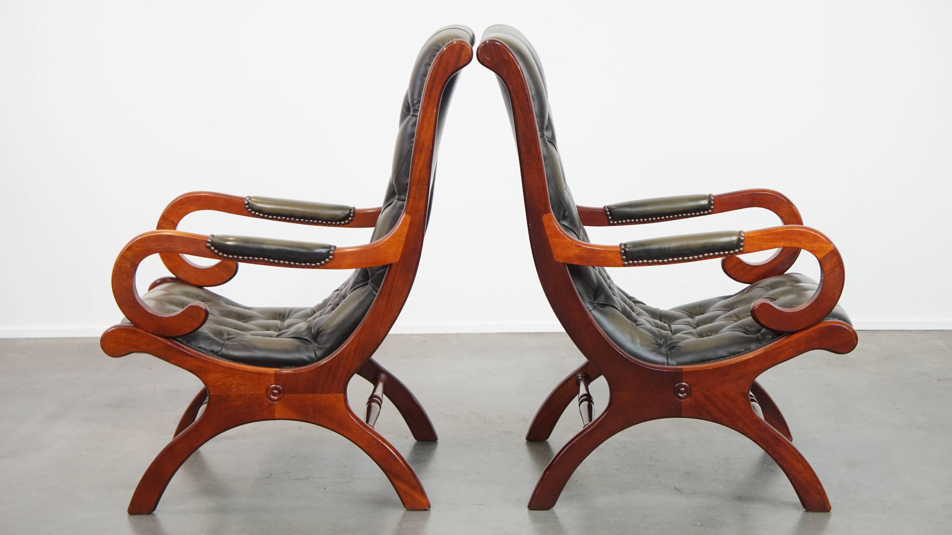 Set of 2 Green Cowhide Leather English Chesterfield Armchairs