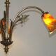 Lustre 3 feux Art Nouveau en bronze avec abat-jour en verre orange et vert, France