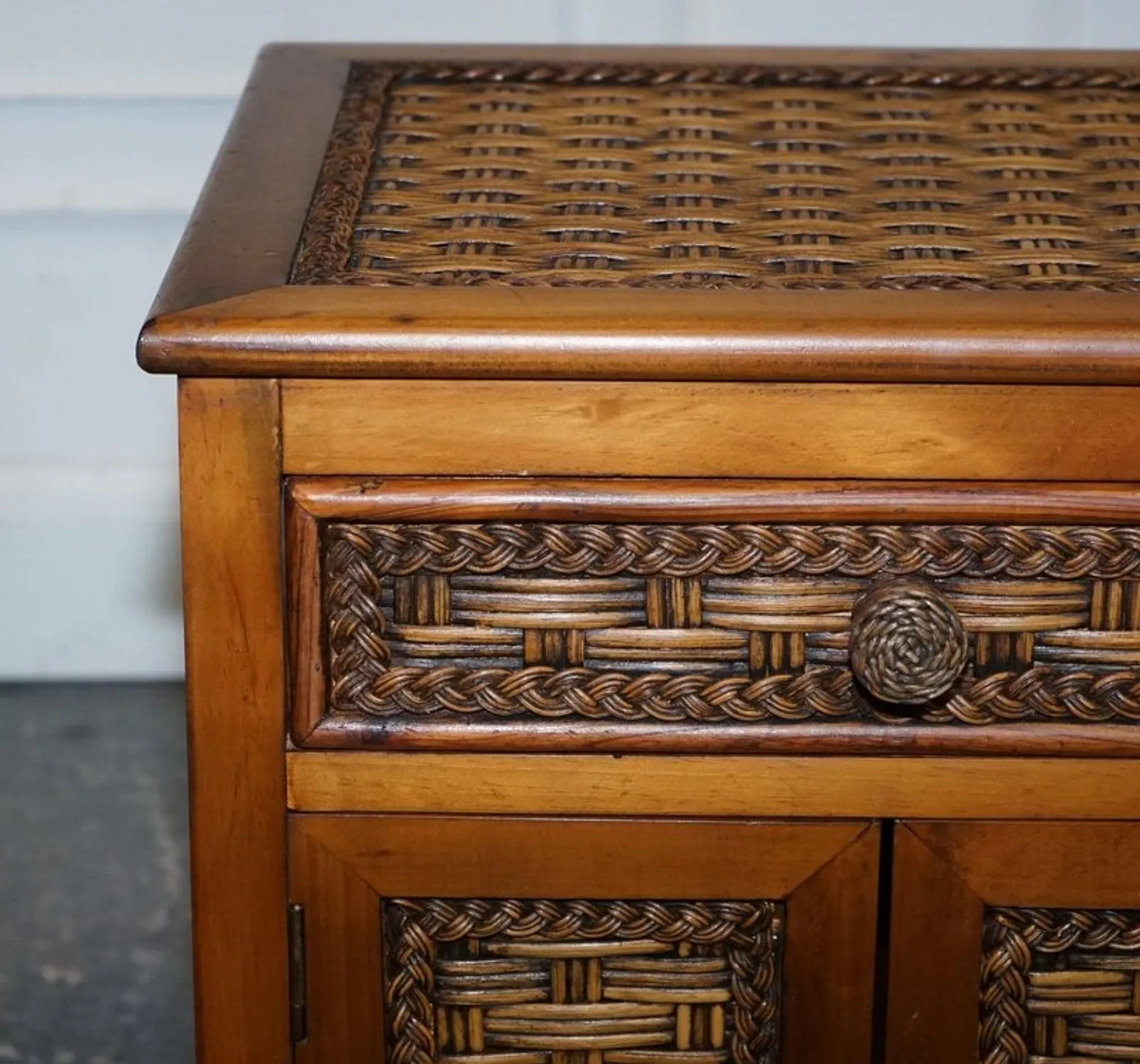 Tables de Chevet Vintage en Rotin avec Tiroir, Set de 2