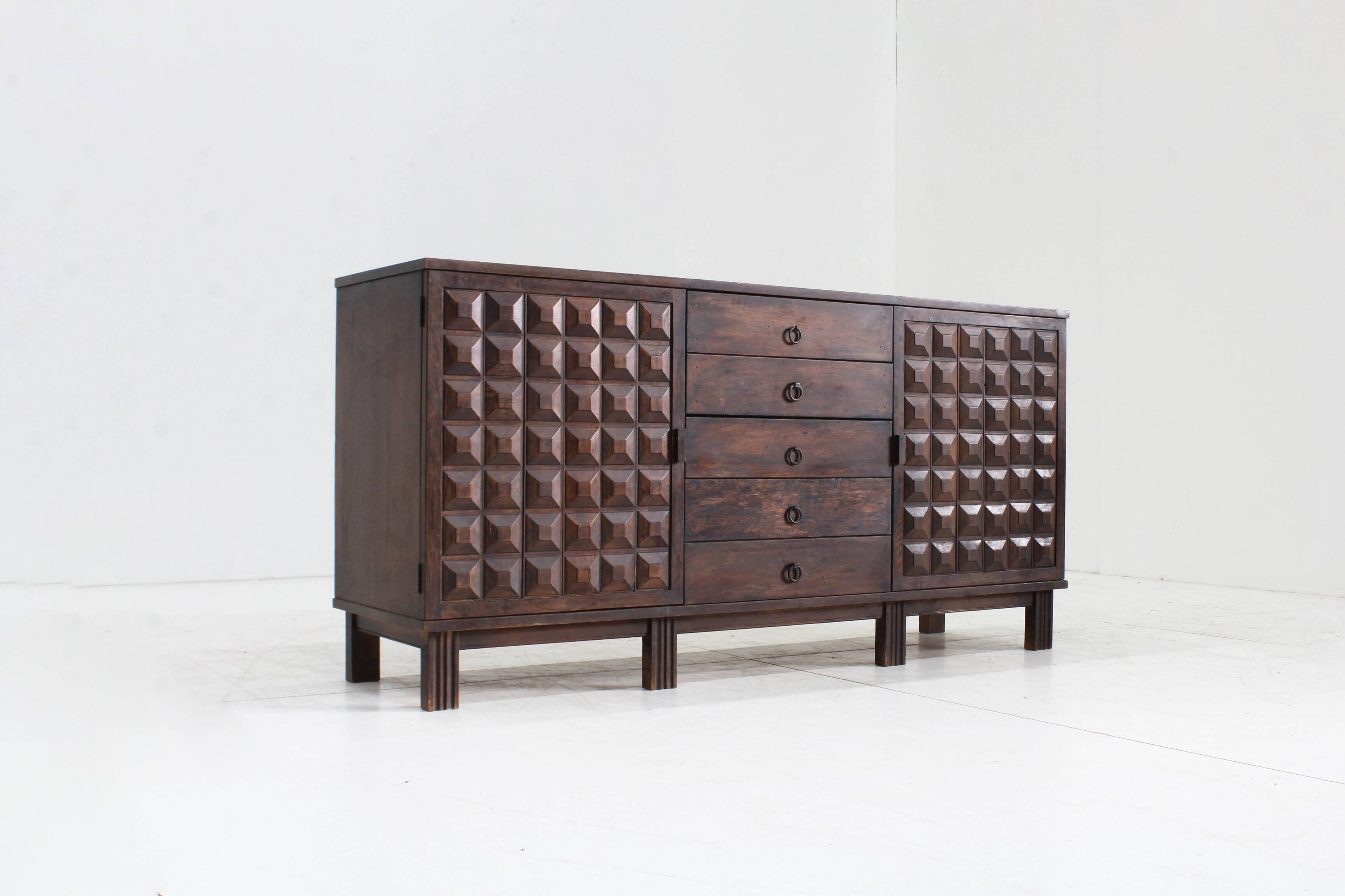Brutalist Spanish carved sideboard credenza