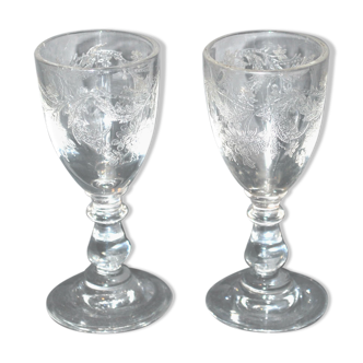 Set of 2 crystal liquor glasses engraved with acid floral decoration "rock crystal"
