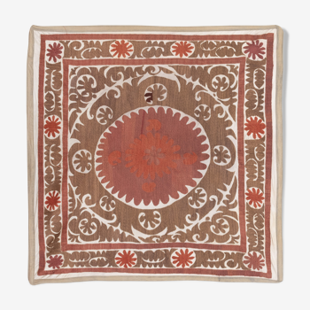 Handmade Suzani Tablecloth, Faded Brown Uzbek Textile Art, Suzani Wall Decor