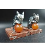 Antique Art Deco bookends in silver-plated metal, bakelite, and marble, signed H. M.