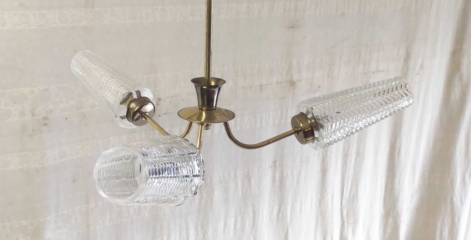 Brass chandelier with three lights and glass tulips - 1950s/60s