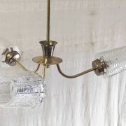 Brass three-light chandelier with glass tulips - 1950s/60s