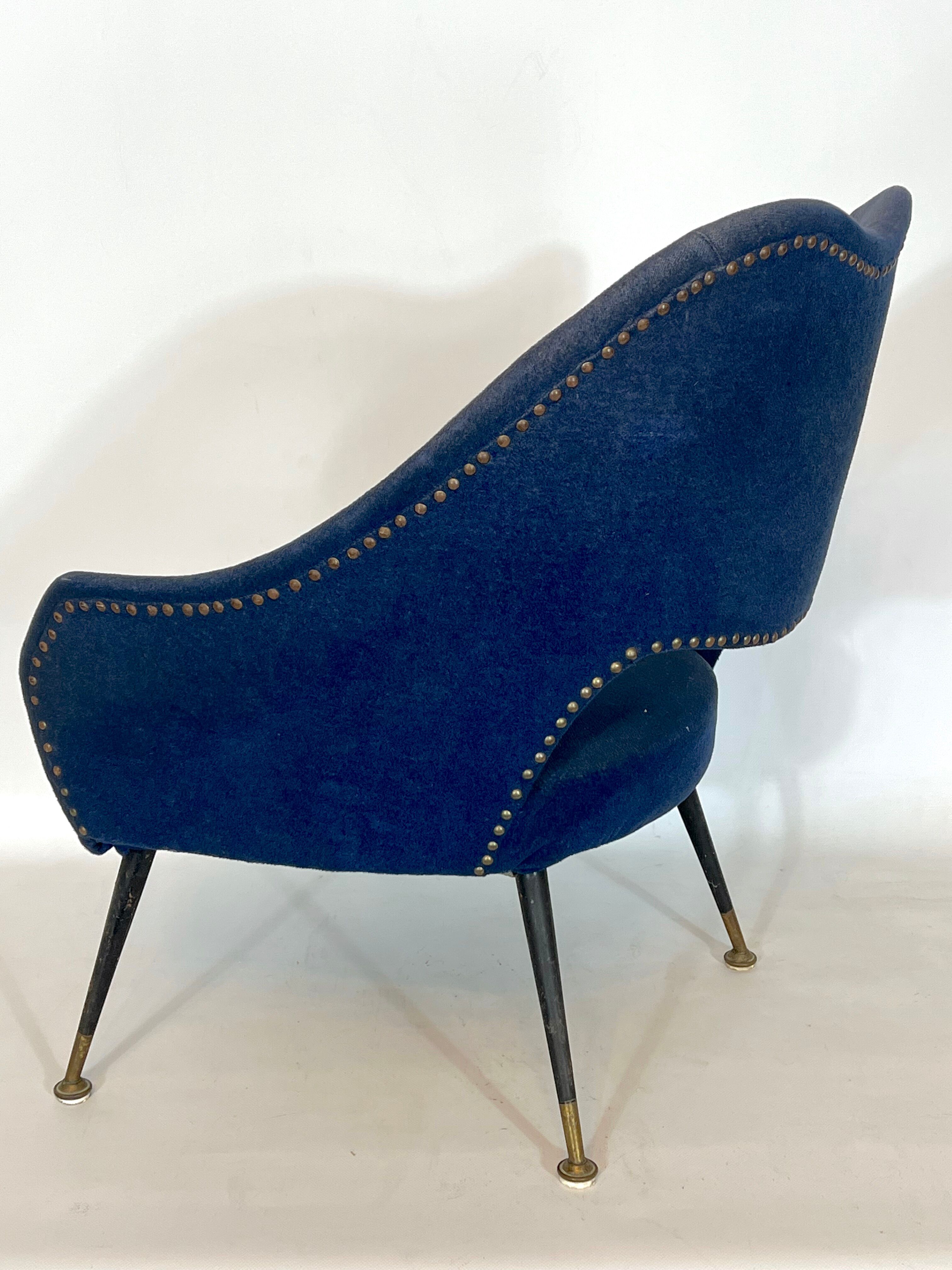 Vintage Italian blue fabric and brass armchair from 50s