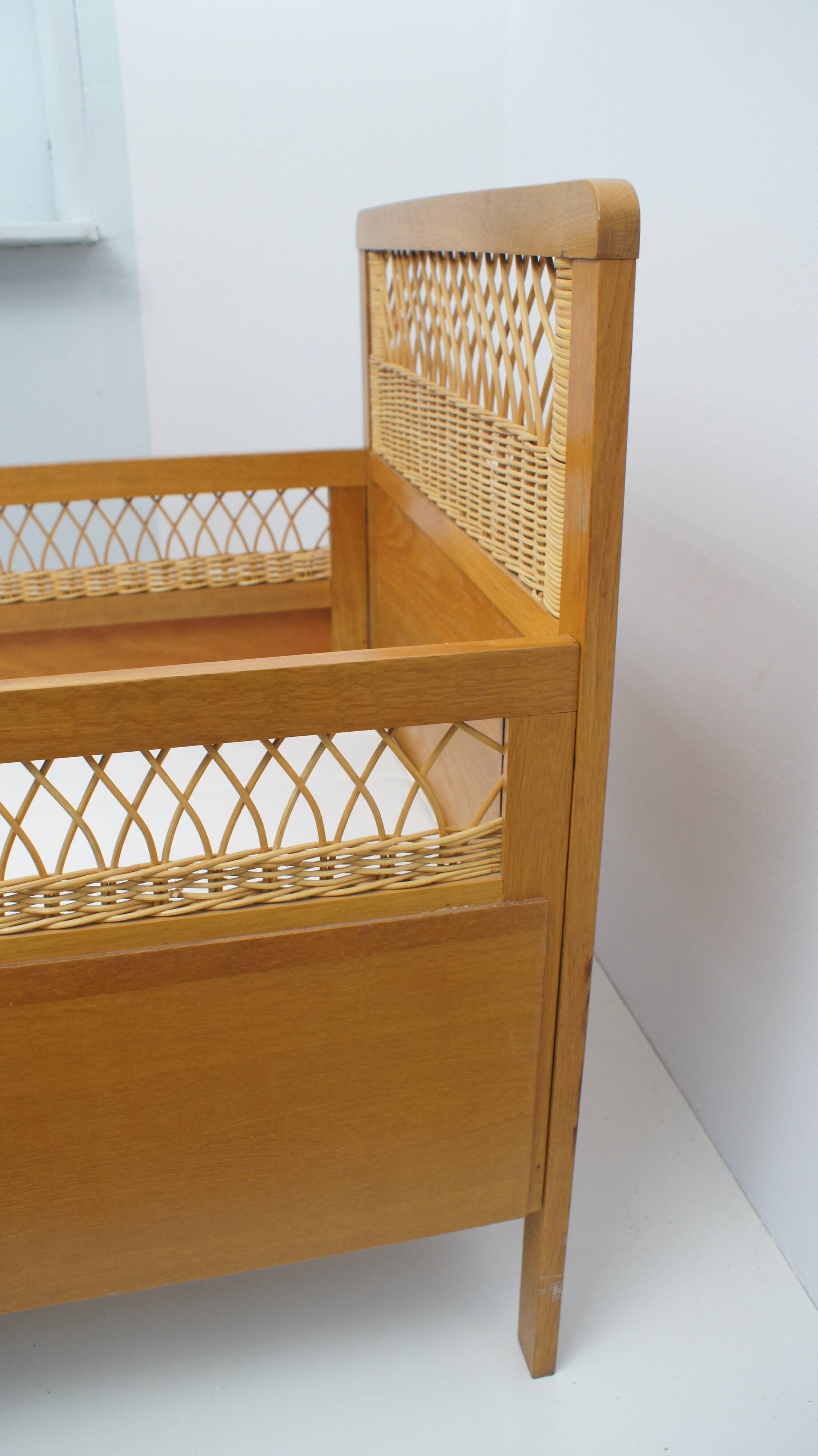 1960s oak and wicker baby bed