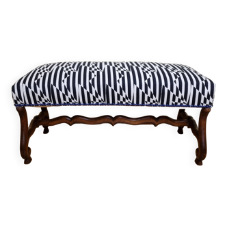 Banquette pied de lit vintage en bois massif retapissée, tissu d'éditeur kirkbydesign, 88 cm