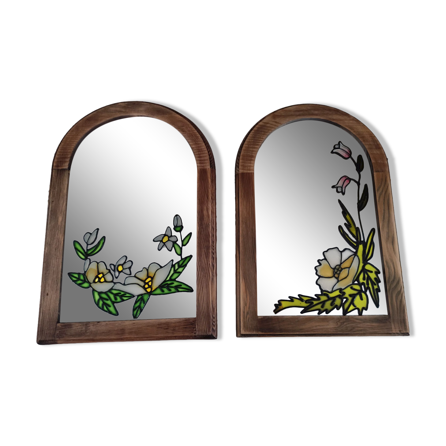 Set of 2 vintage mirrors in light brown wood Art Nouveau style