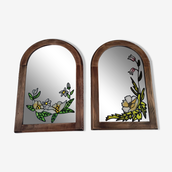 Lot de 2 miroirs vintage en bois brun clair style Art Nouveau