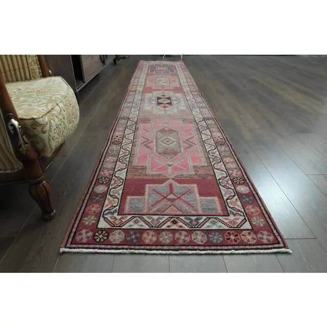 1970s Vintage Turkish Oushak Handmade Wool Cotton Pink Runner Rug 84x416