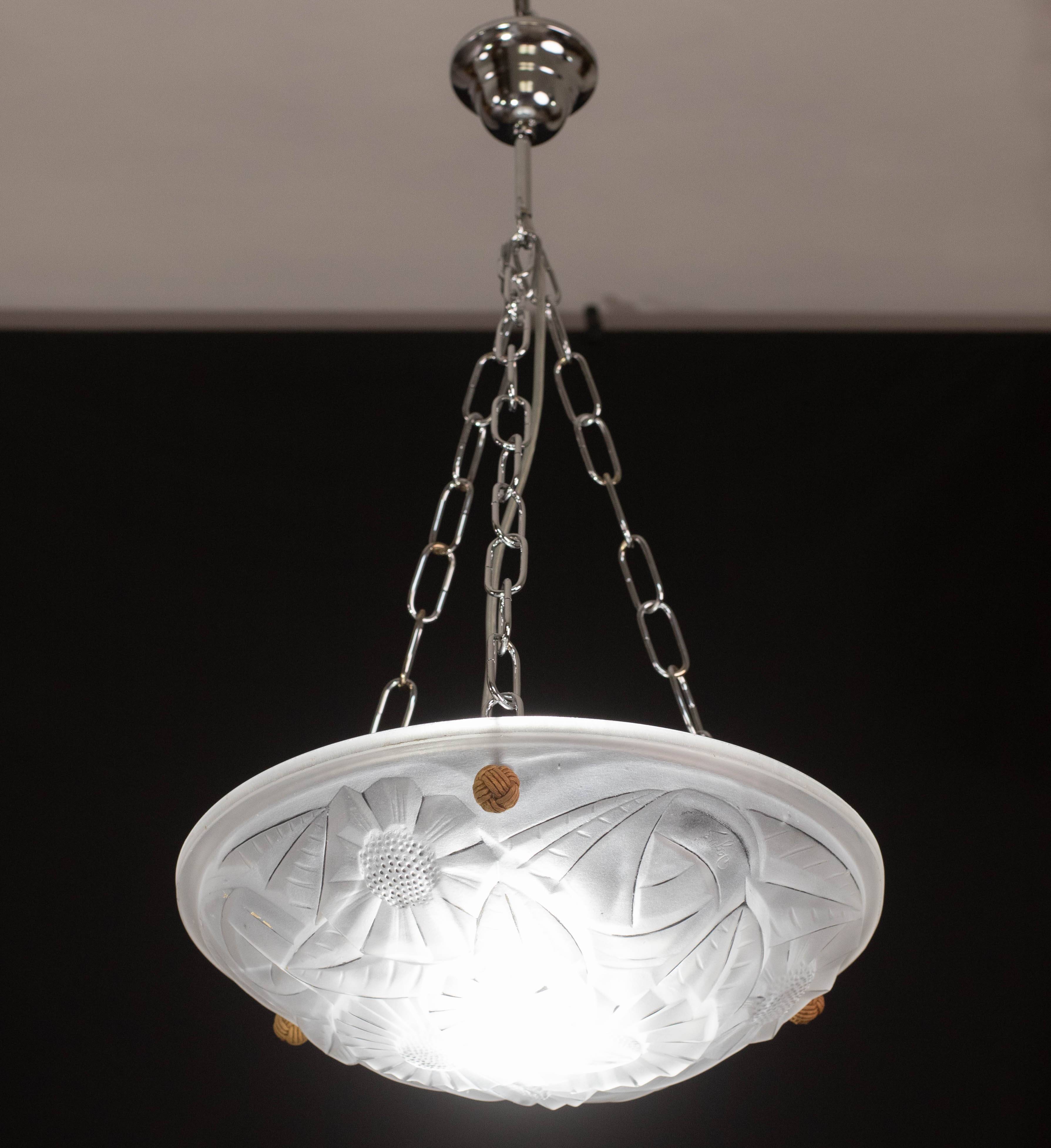Art Deco Top Quality Pendant Light Floral decorations, Signed Degué