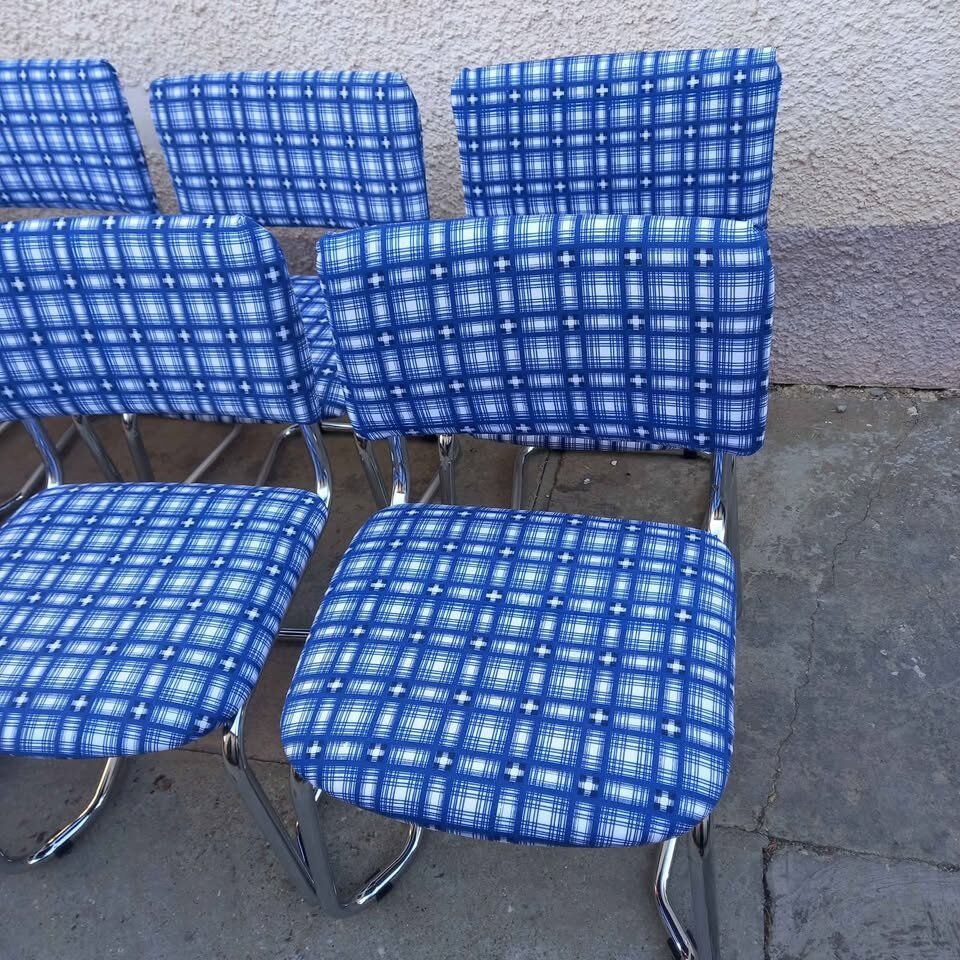 Vintage chrome cantilever chairs with blue checkered upholstery, 1970s, set of 10