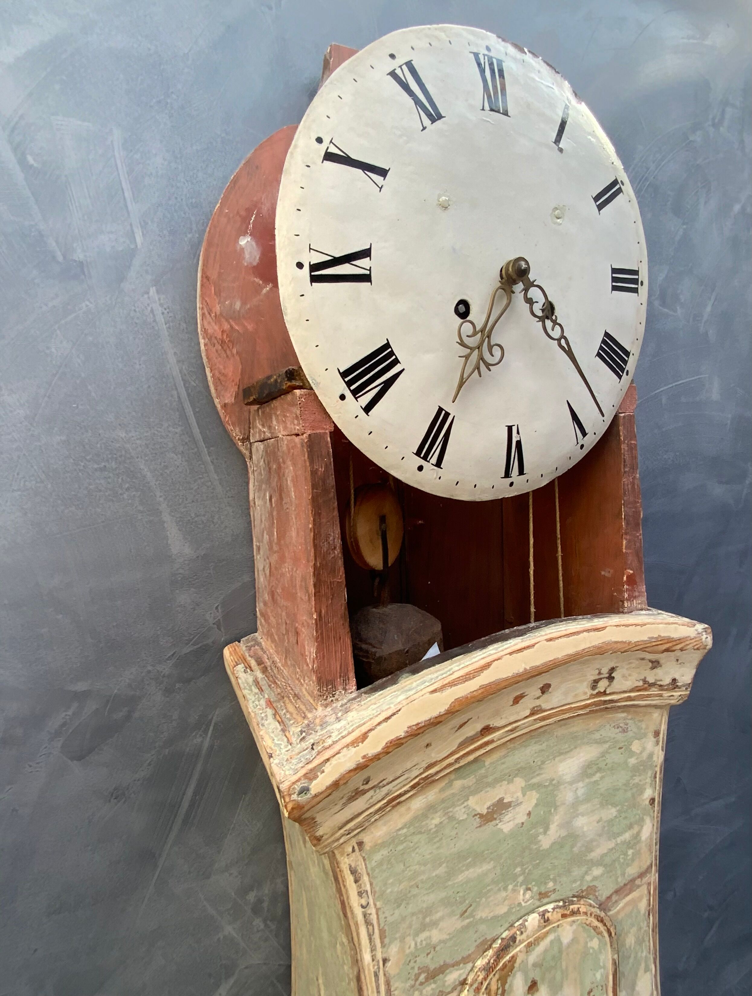 Antique mora clock long case, mint colour wood case 1800s