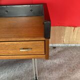 Scandinavian teak dressing table with a large round mirror.