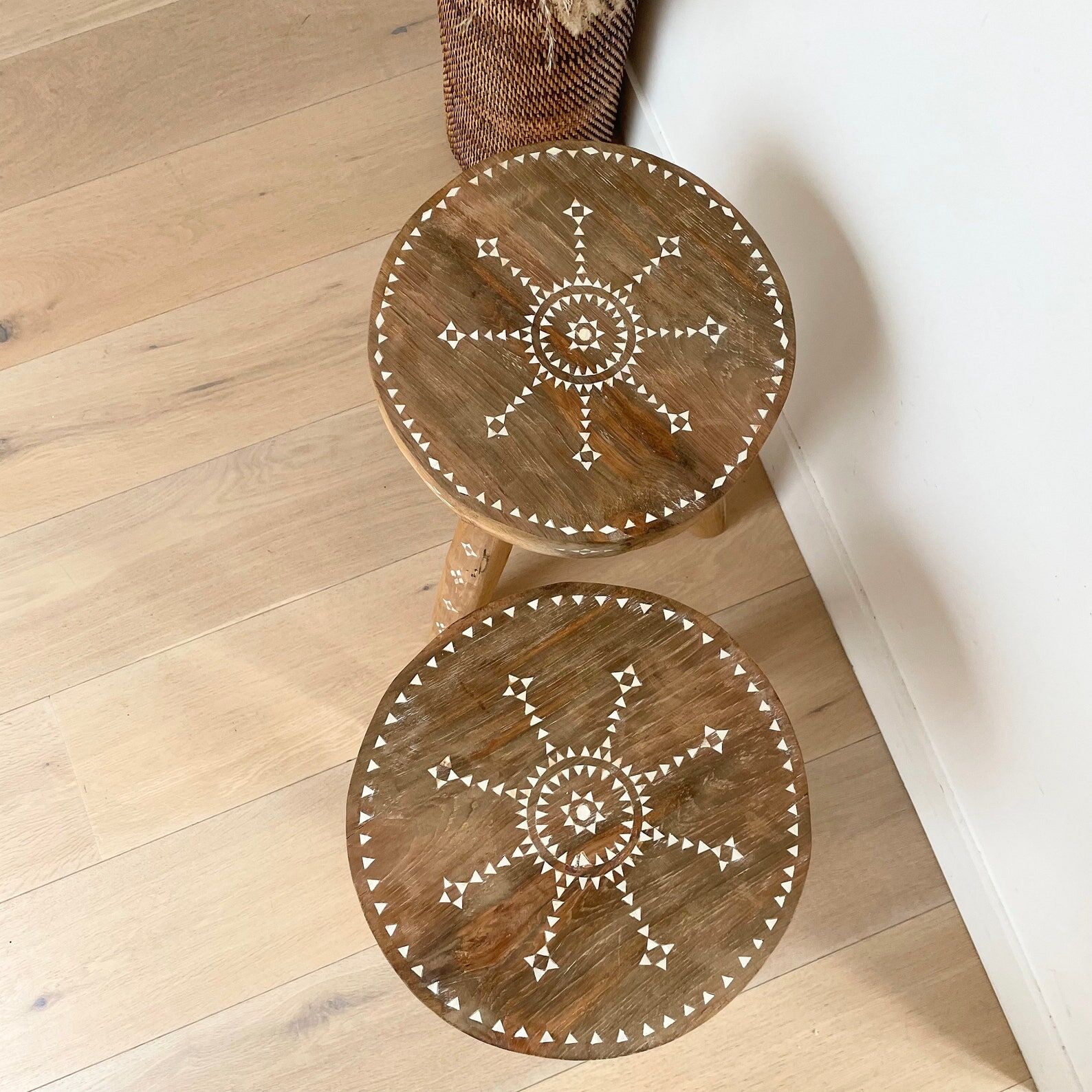 2 Indonesian pearl wood stools Badi