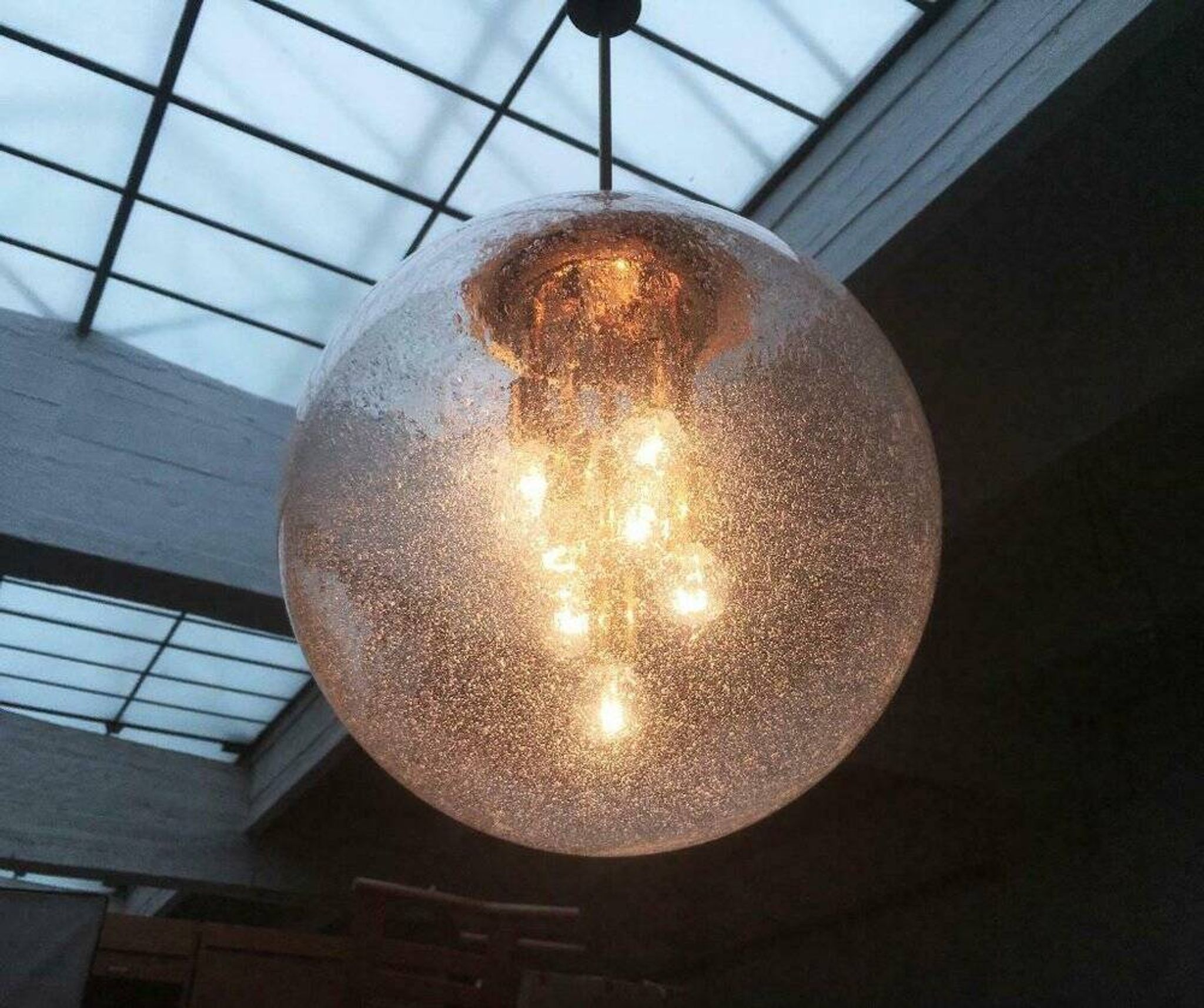 Large glass and brass planet ball pendant lamp from the mid-century German space age, 1960s.