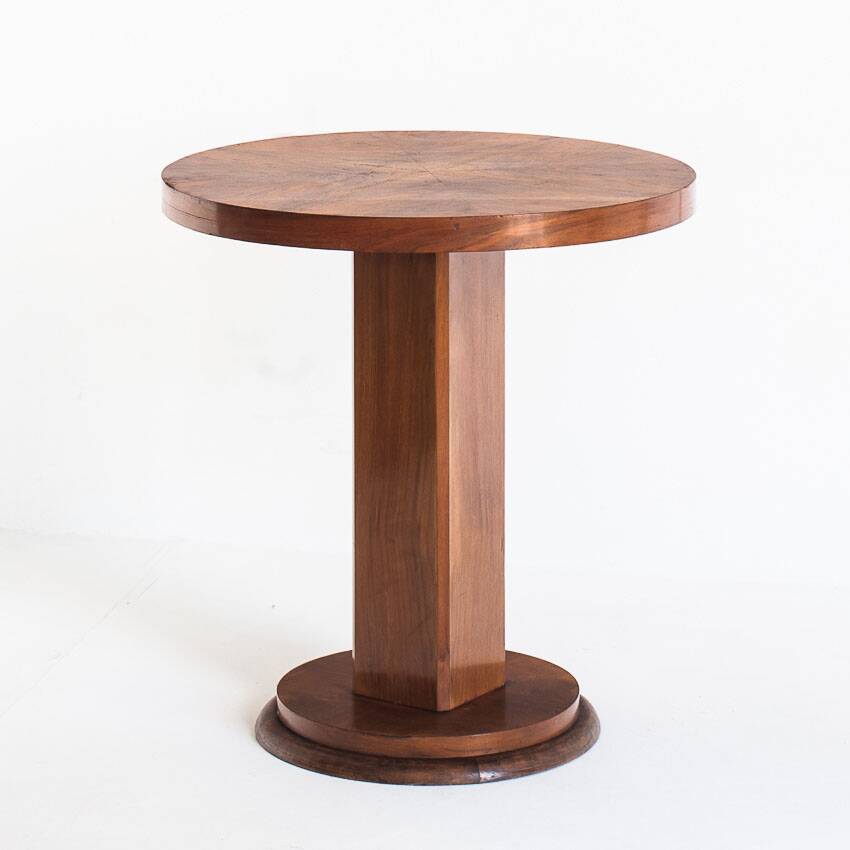 Art Deco style pedestal table in walnut wood veneer. France, 40's