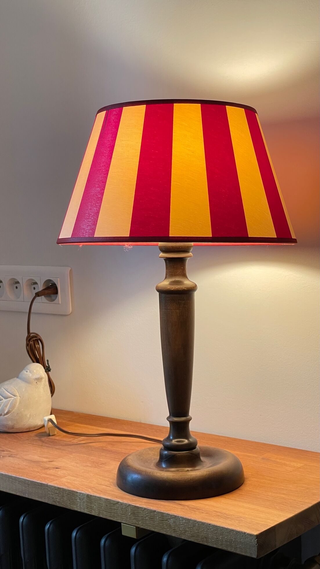 Wooden table lamp and striped lampshade