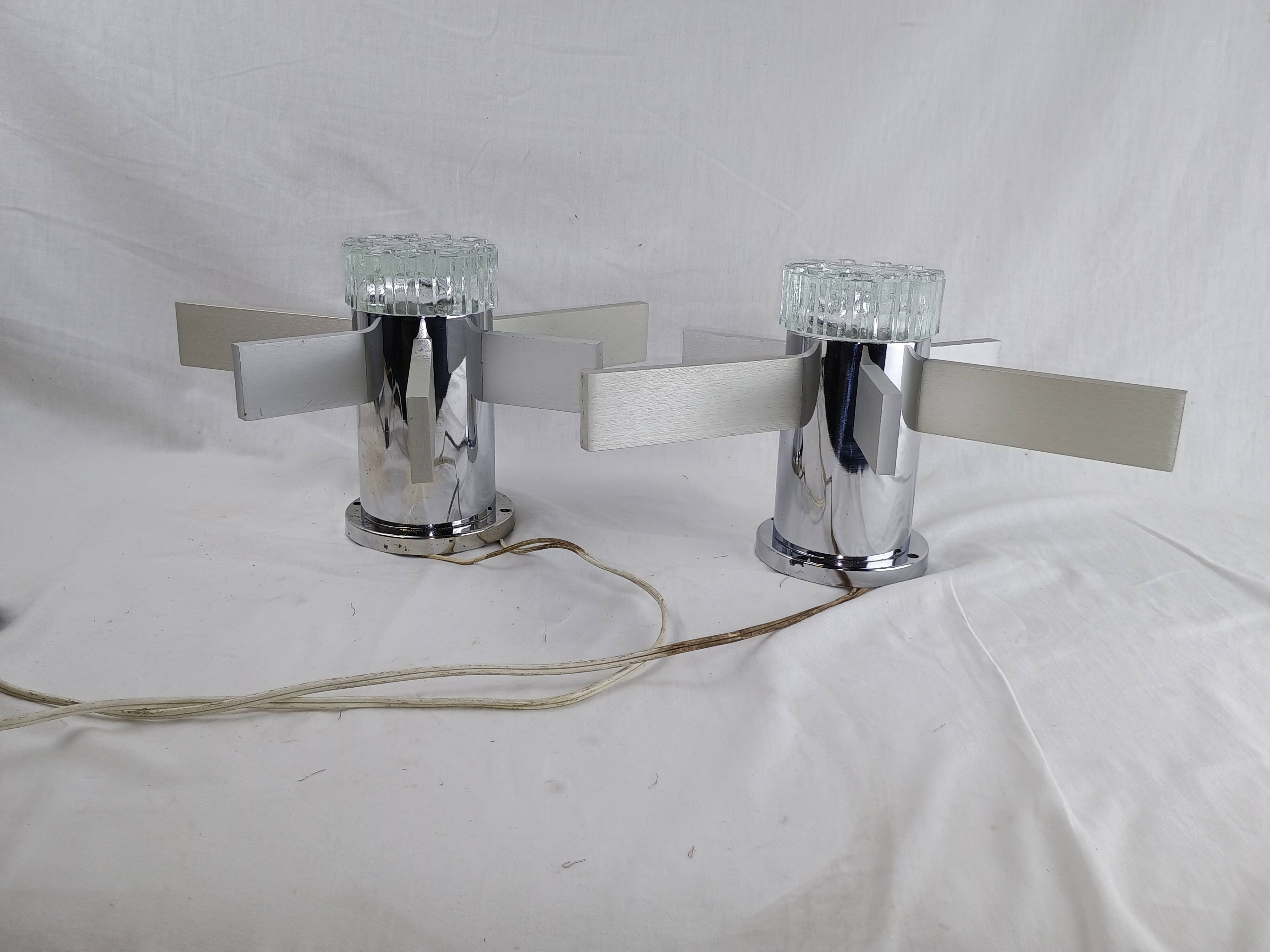 Pair of vintage Italian chrome and glass wall lights, 1960s Sciolari.