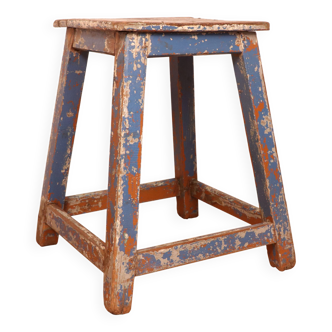 Old workshop stool in Burmese teak with original blue-ecru patina