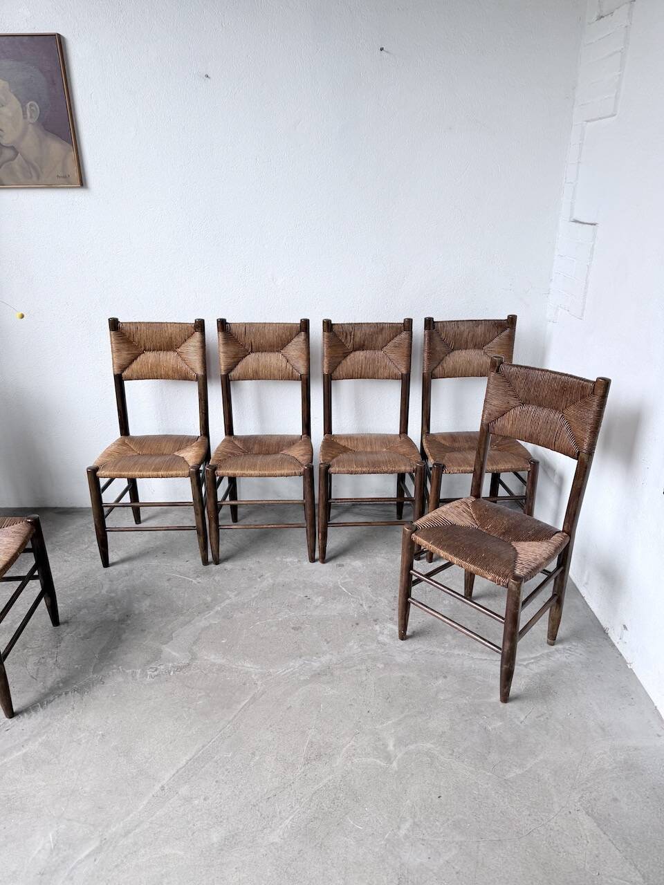 Set of 6 straw and oak Beauche chairs.