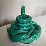 Vallauris 1960 braided ceramic candle holder in turquoise glazed clay