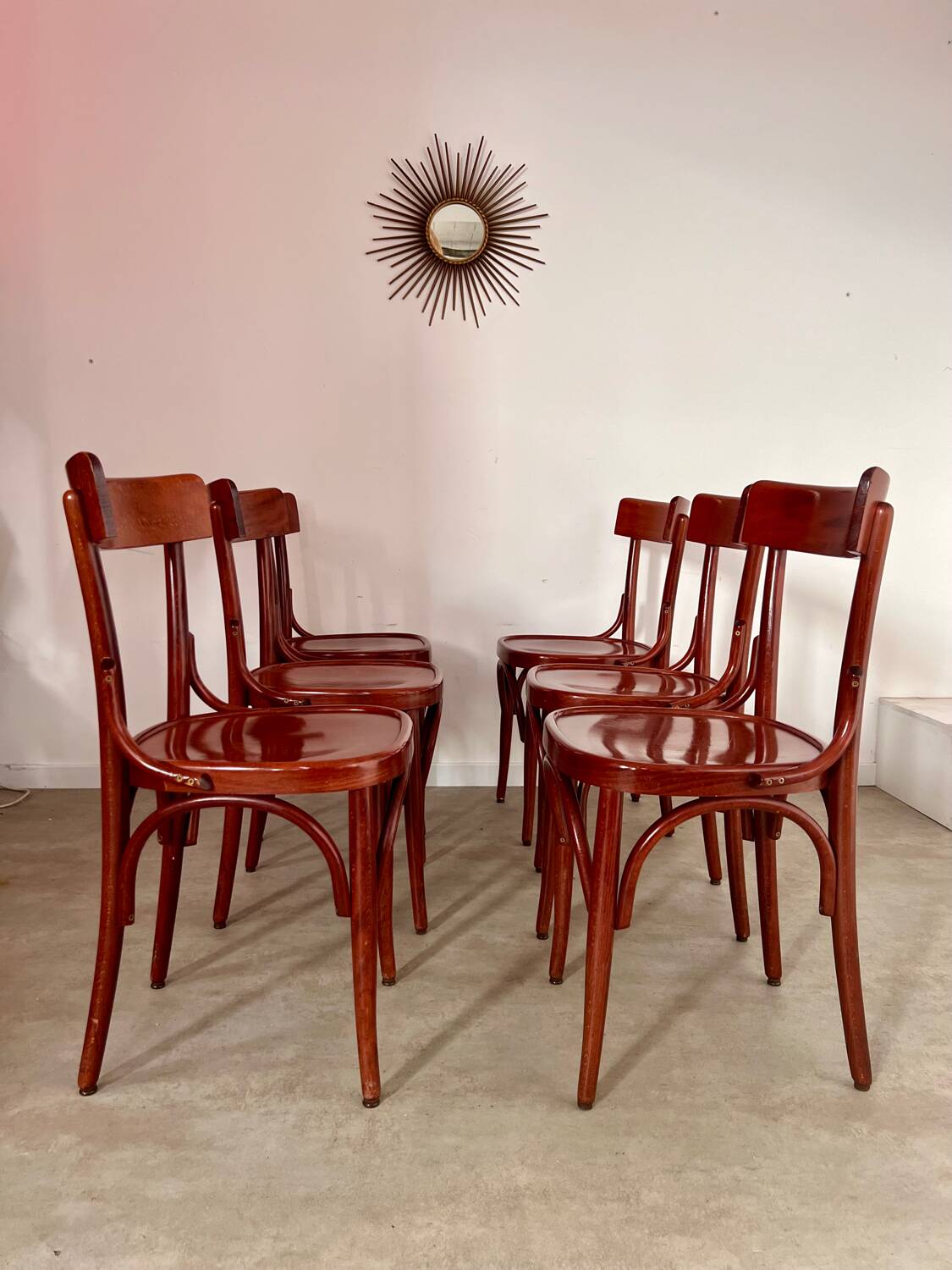 Set of 6 vintage 70s curved varnished wood bistro chairs