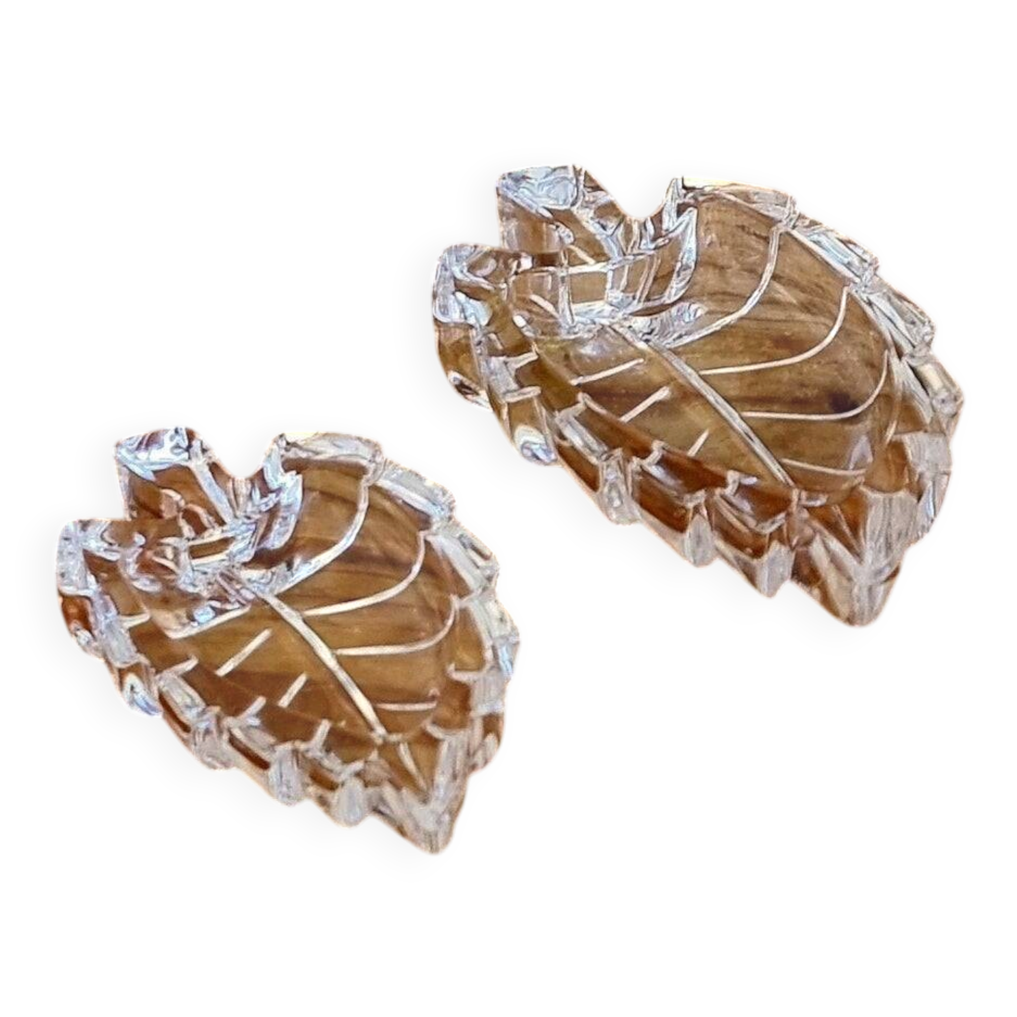 Pair of vintage leaf-shaped glass bowls from the 1970s.