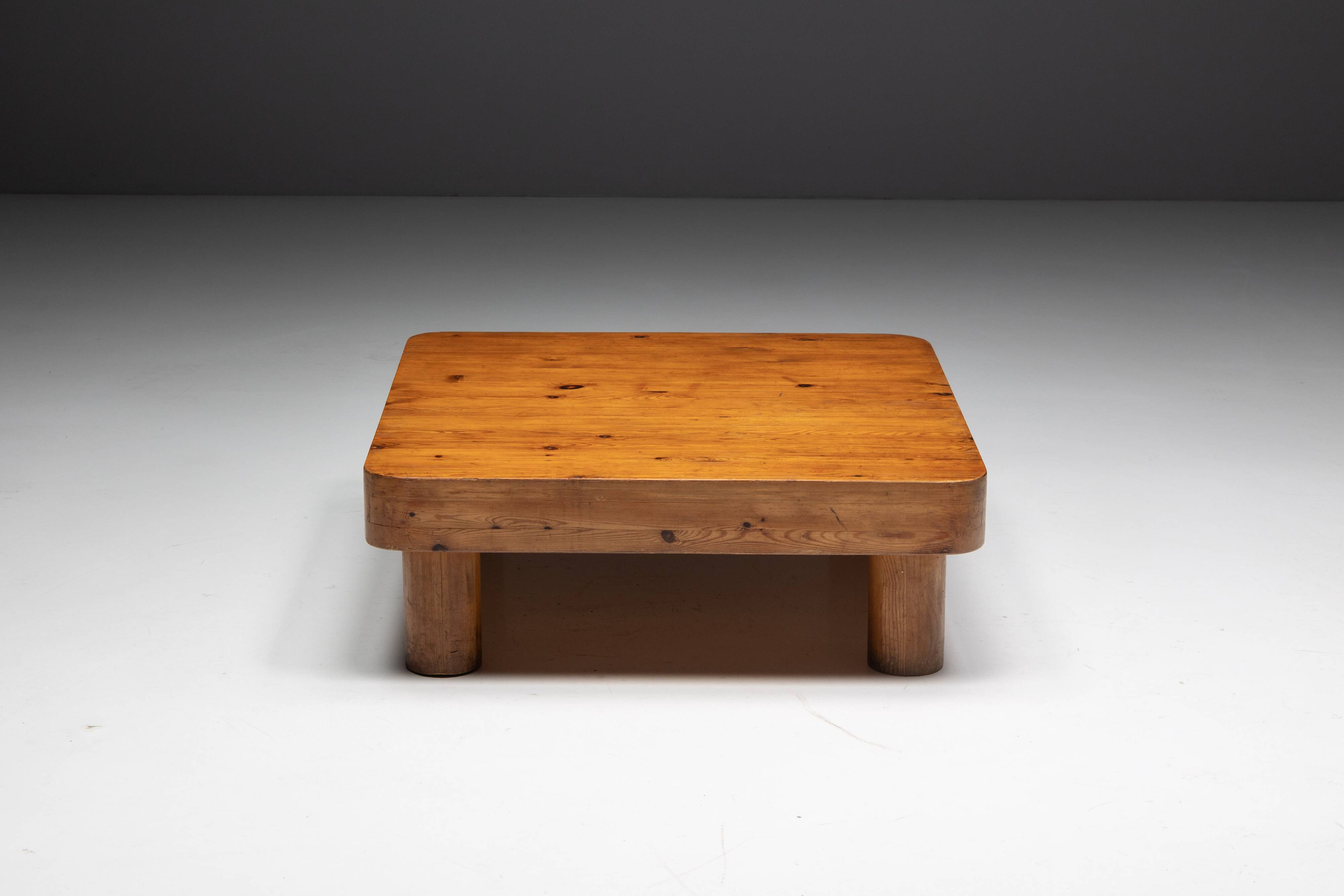 Brutalist pine low coffee table, France, 1960s