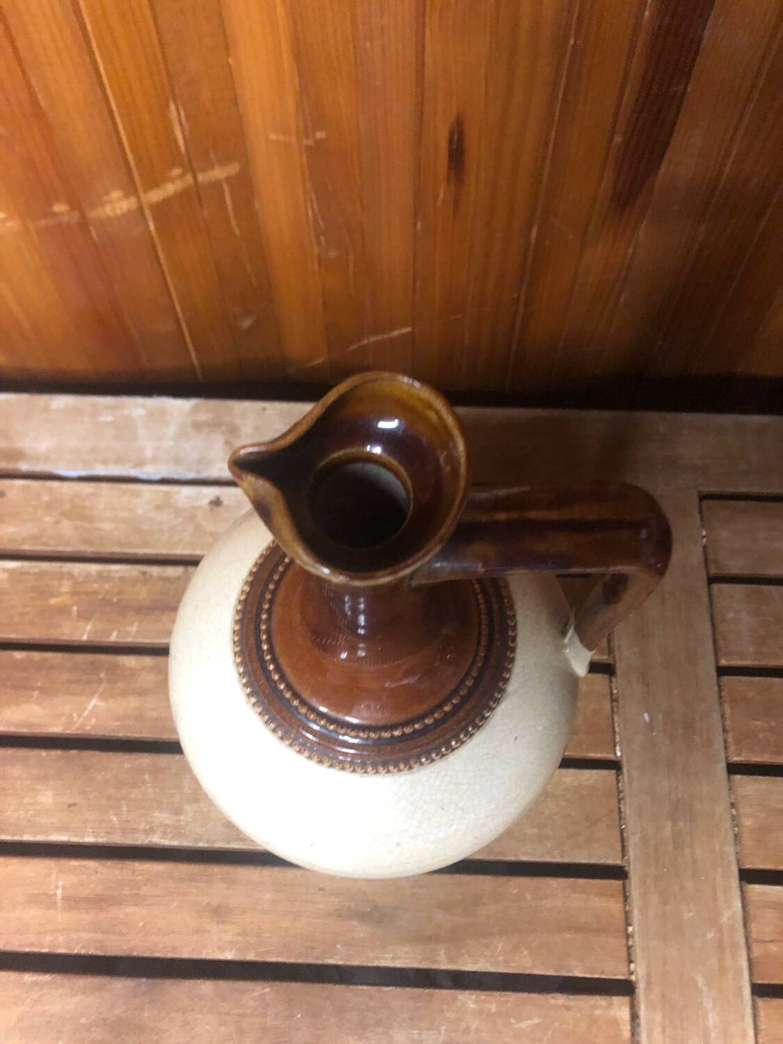 Old Vintage White & Brown Cracked Ceramic Pitcher