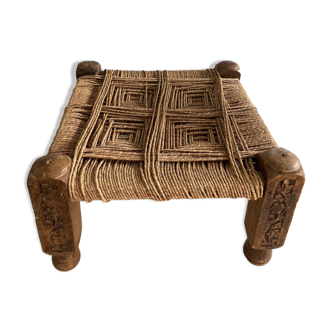Stool in carved wood and rope from the 70s