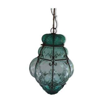 Green Seguso Murano Caged Glass Lantern, Italy, 1940s