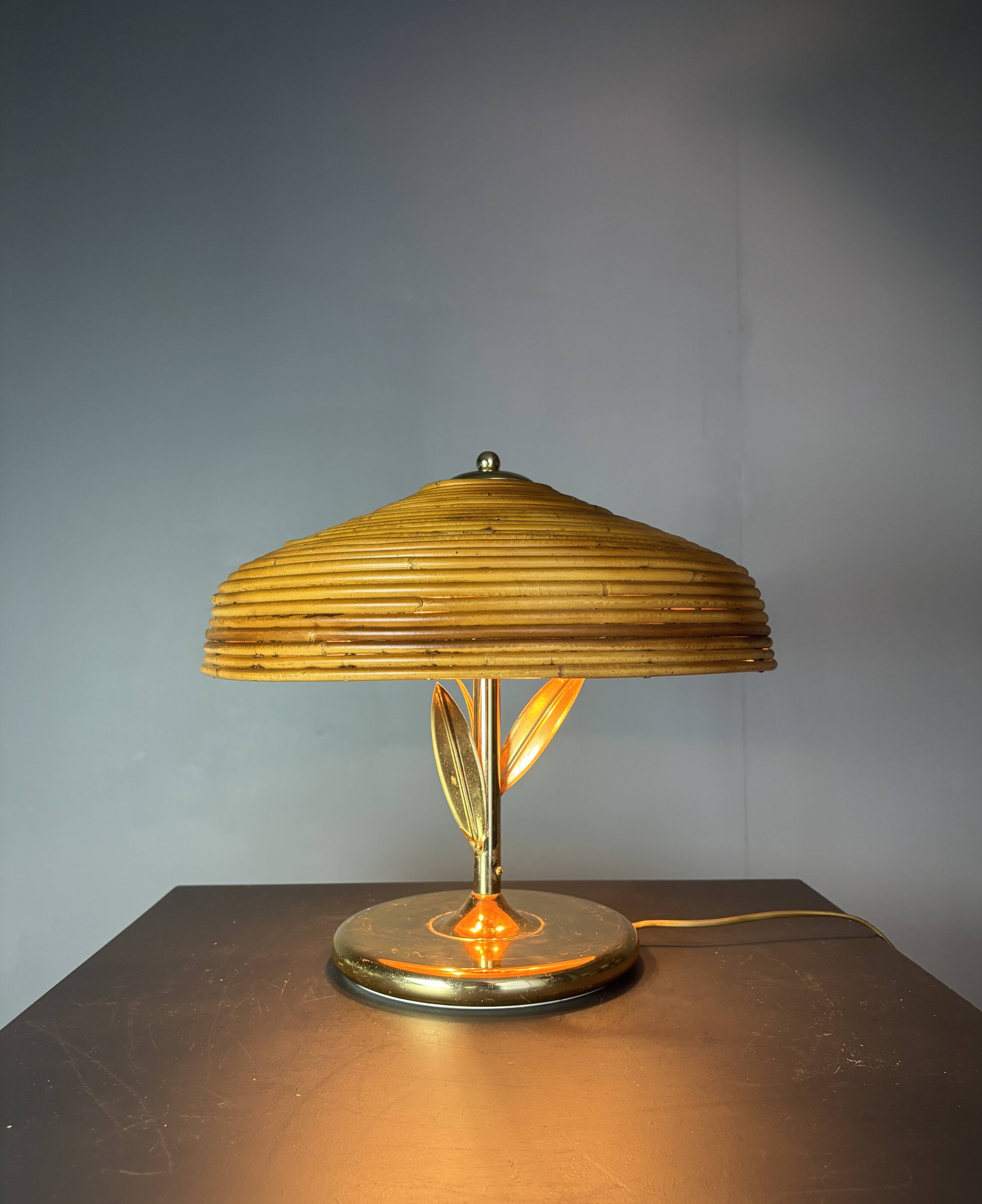 Pencil reed rattan bamboo and brass flower table desk lamp, Italy, 1980s