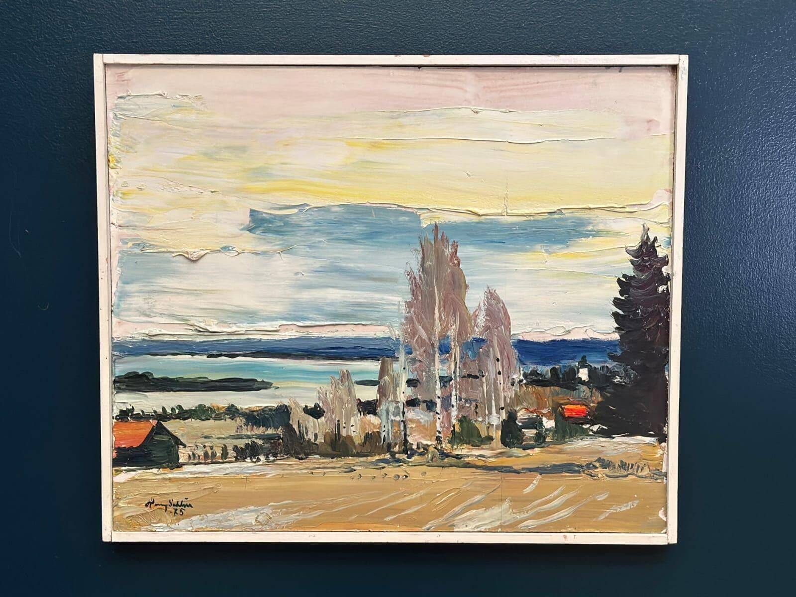 Huile sur panneau d'origine suédoise – « Maisons au bord de l'eau » par Harry Sahlin 1975 – Vintage et encadrée – 62 × 52 cm (24,4" × 20,5")