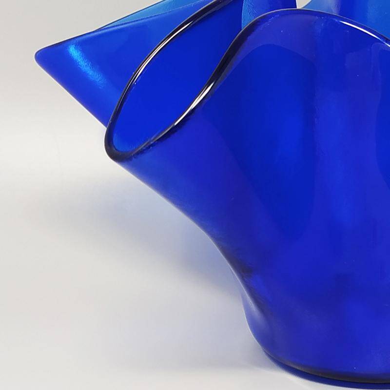 1970s Blue Vase "Fazzoletto" by Dogi in Murano Glass. Made in Italy