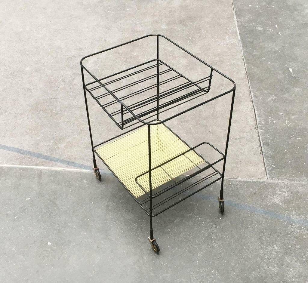 Minimalist perforated metal serving trolley in mid-century style, 1960s.