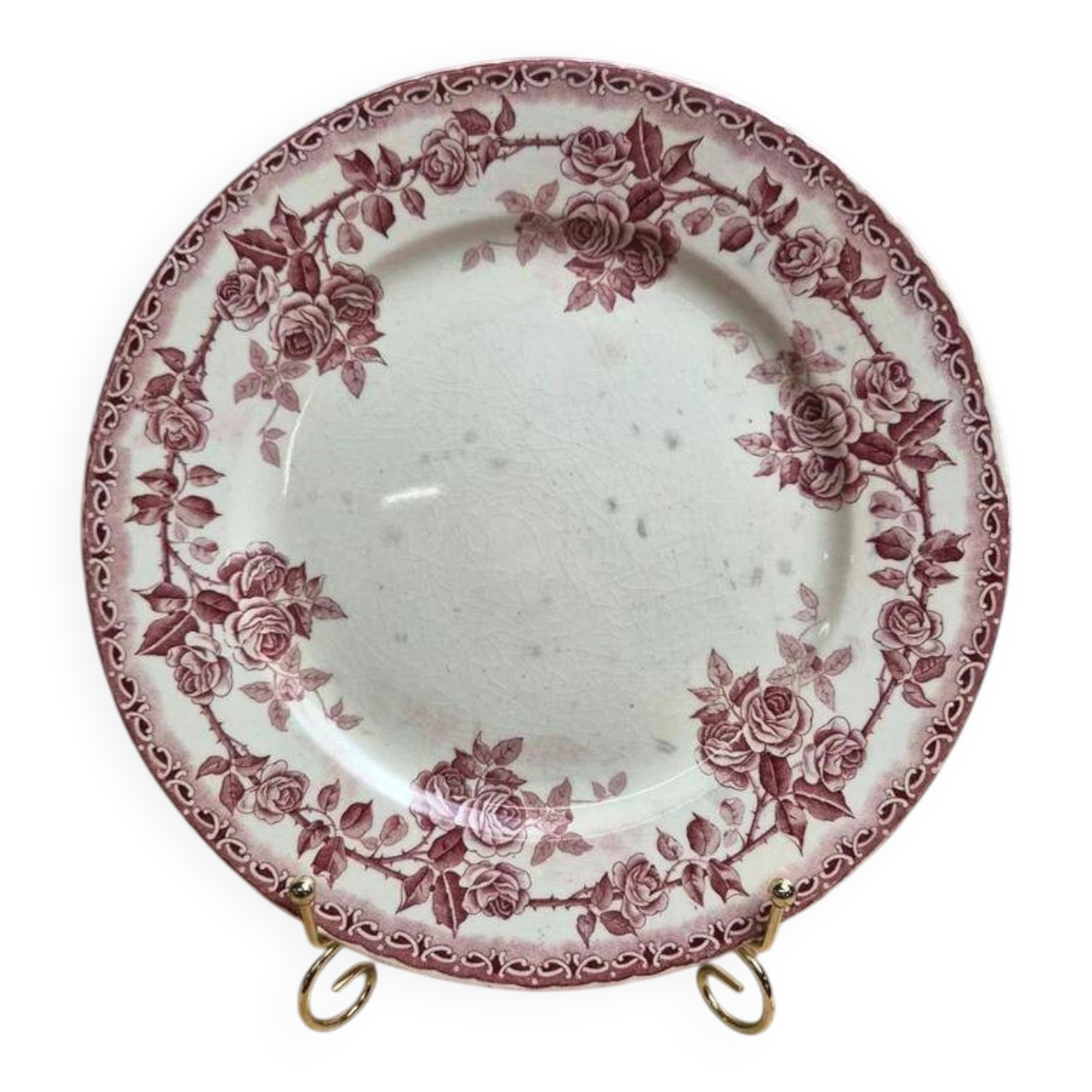 Flat plate ironstone H. Boulenger Choisy-le-roi Paris model – burgundy roses