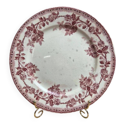 Assiette plate terre de fer H. Boulenger Choisy-le-roi modèle Paris – roses bordeaux