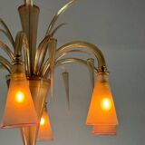 Venetian chandelier in beige/gray murano glass bordered with a red net