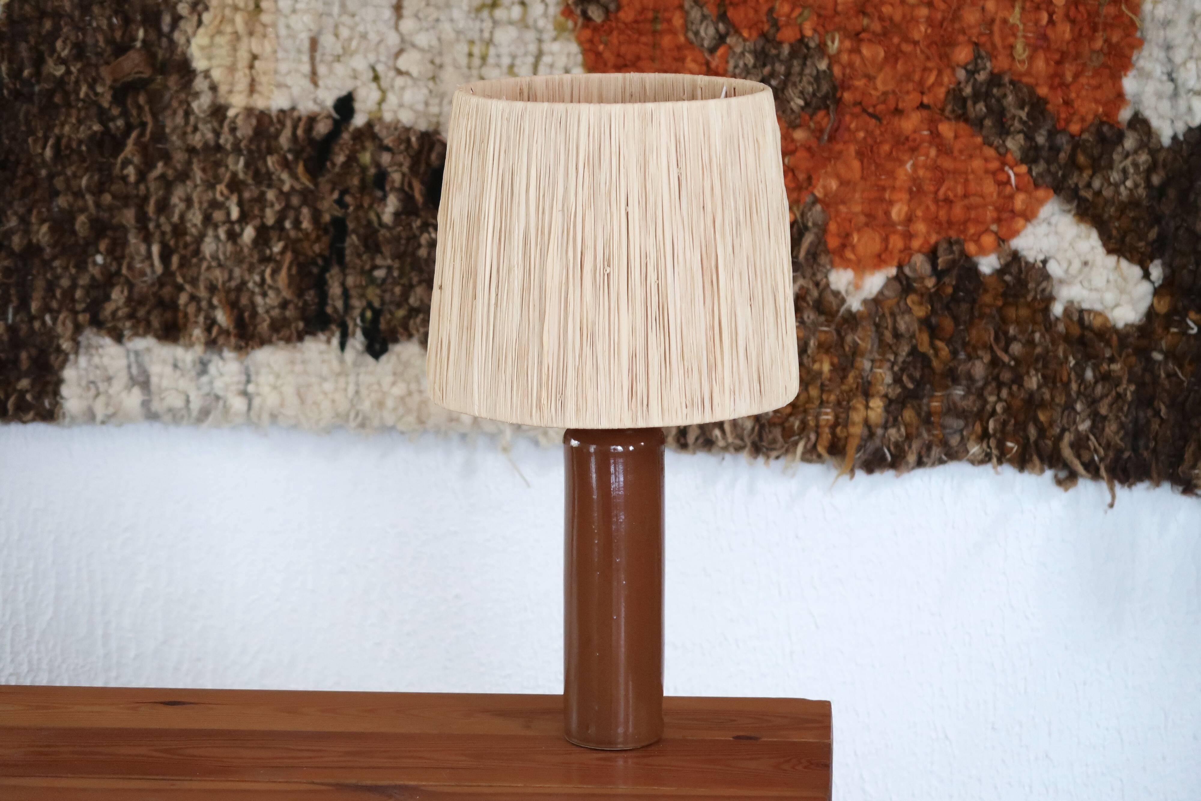 Brown ceramic lamp, raffia lampshade, 60s