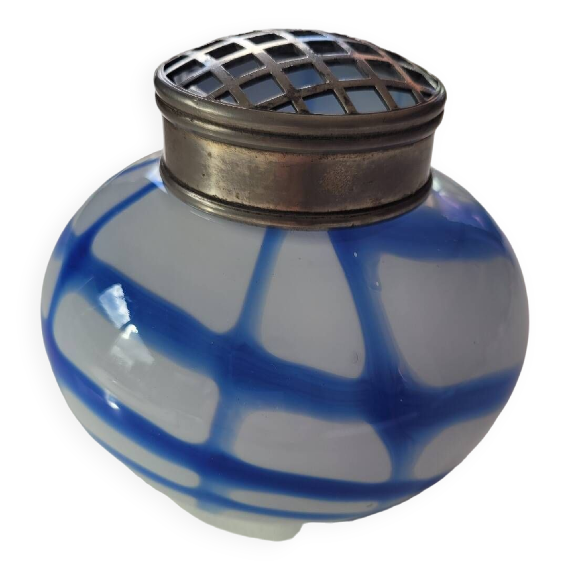 Old white and blue glass flower vase