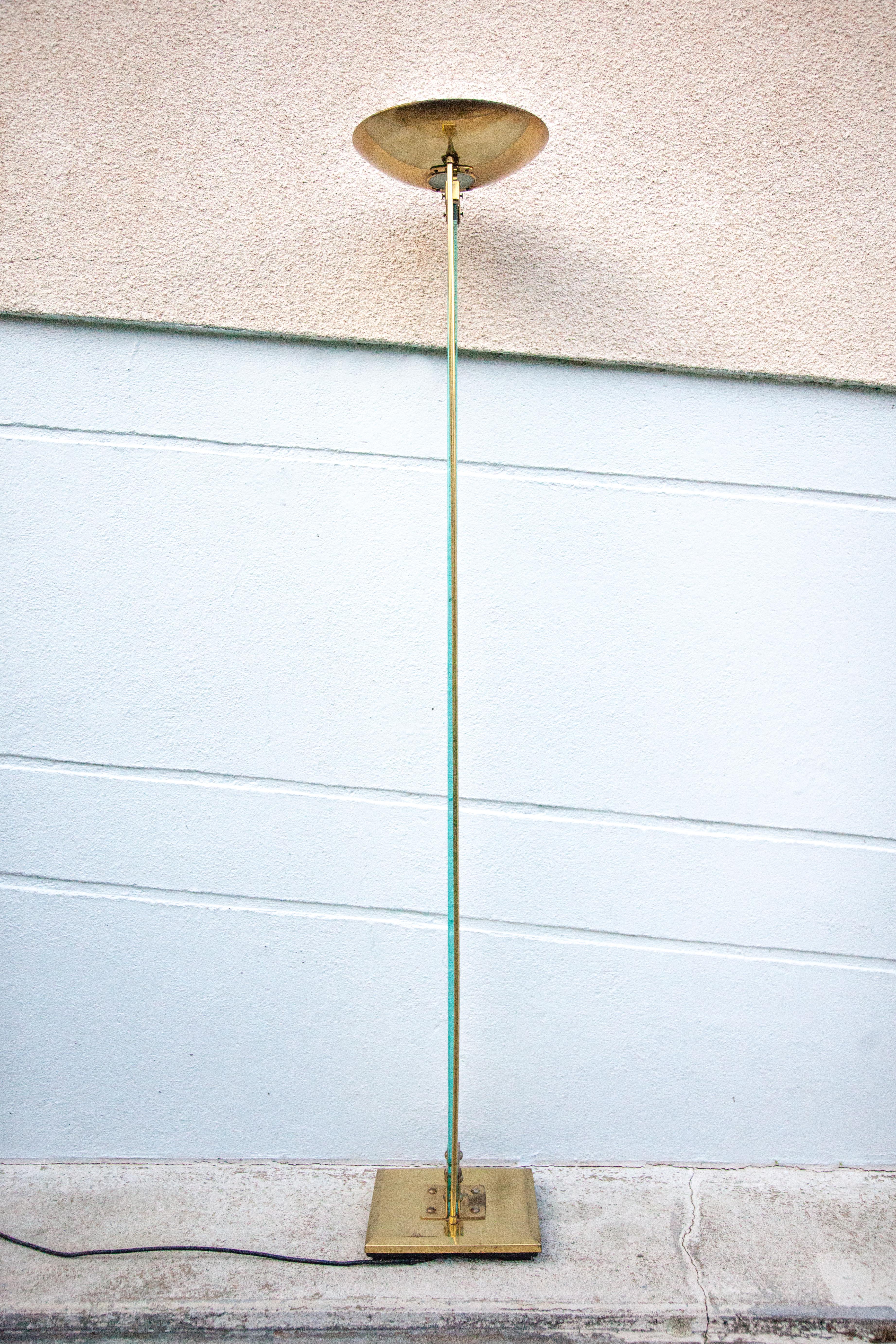 Floor lamp, brass halogen and engraved glass, attributed to Max Baguara, design lamp, 80's