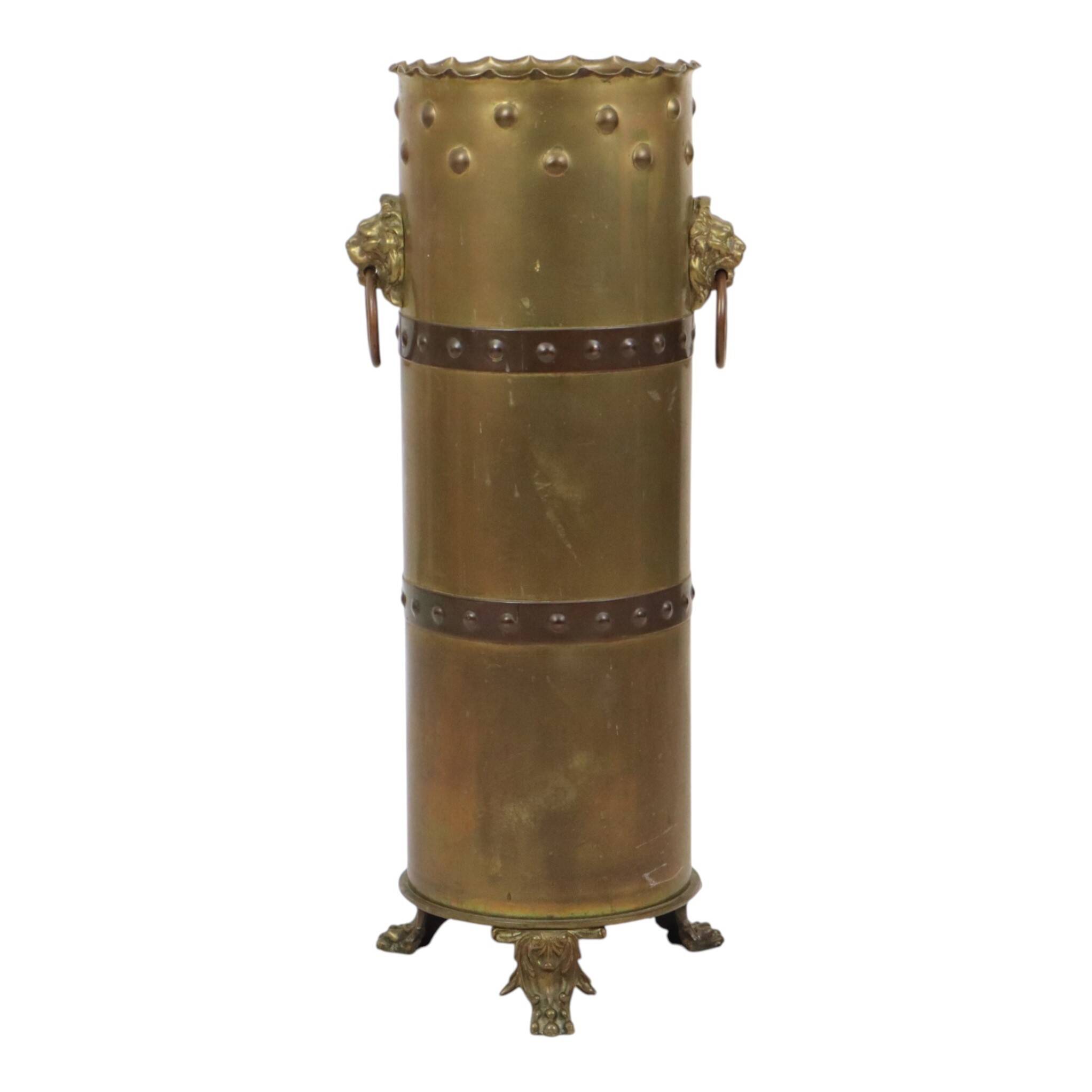 Unique XL Artillery Shell Umbrella Stand – WWI Trench Art (1915) – Lion Hea
