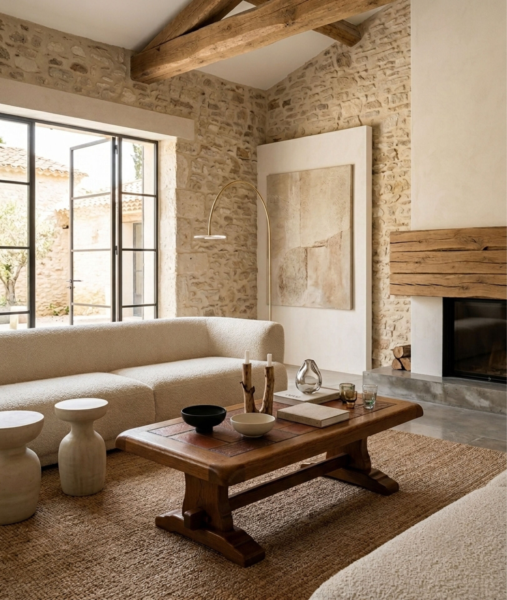 Brutalist coffee table in solid oak and ceramic – 1970