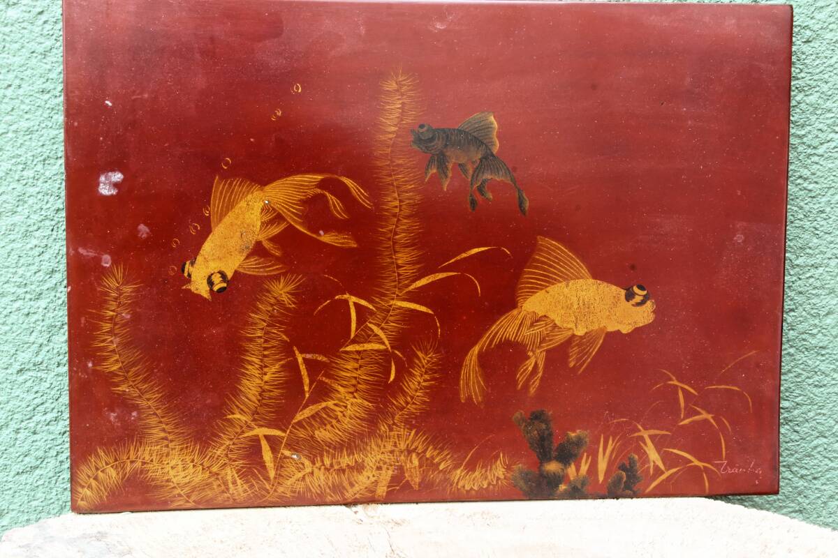 Pair of lacquered wooden panels, fish, Vietnam, Tran Van Ha (1911-1974)