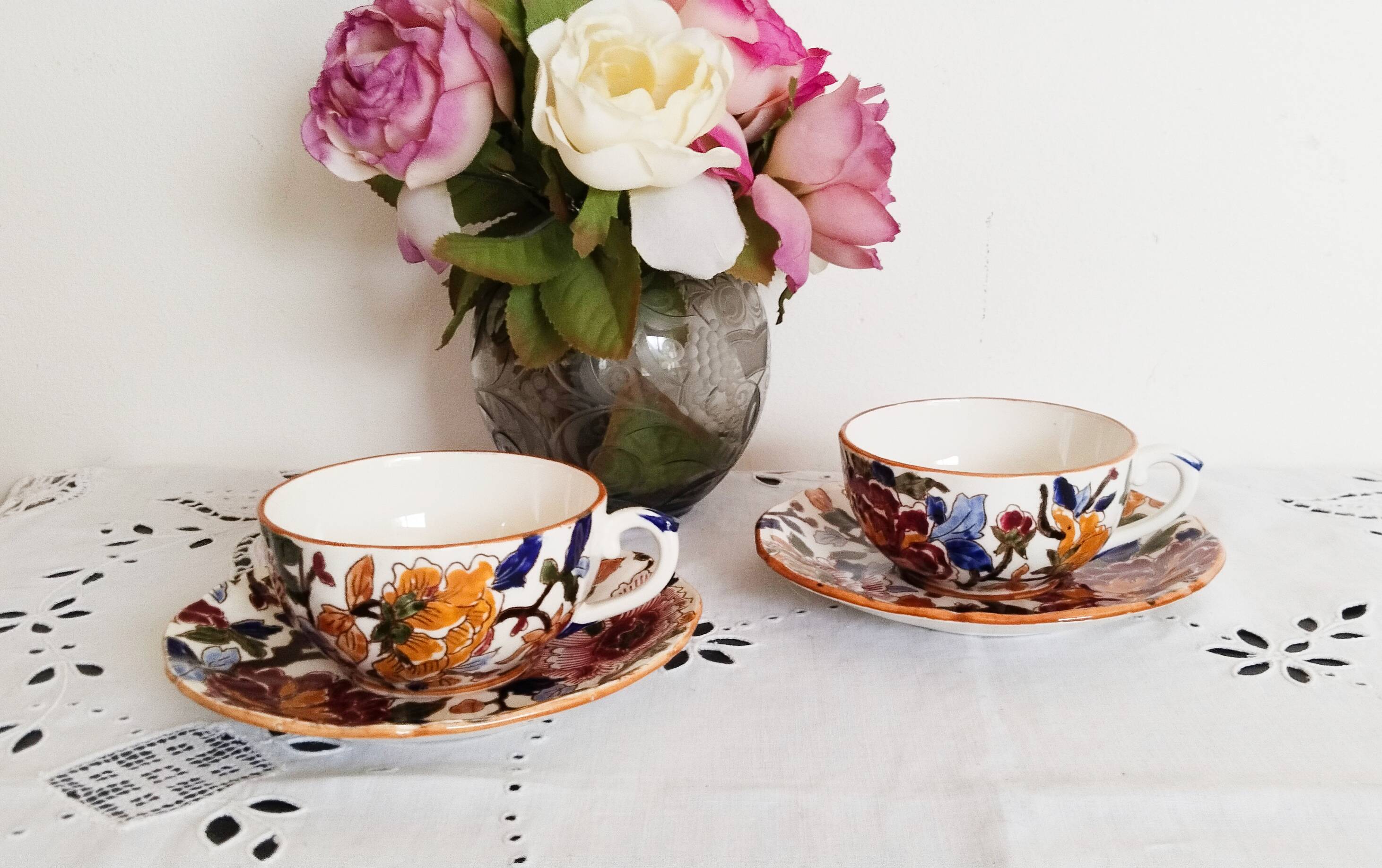 Gien earthenware coffee cups, "peonies" motif, tea cup