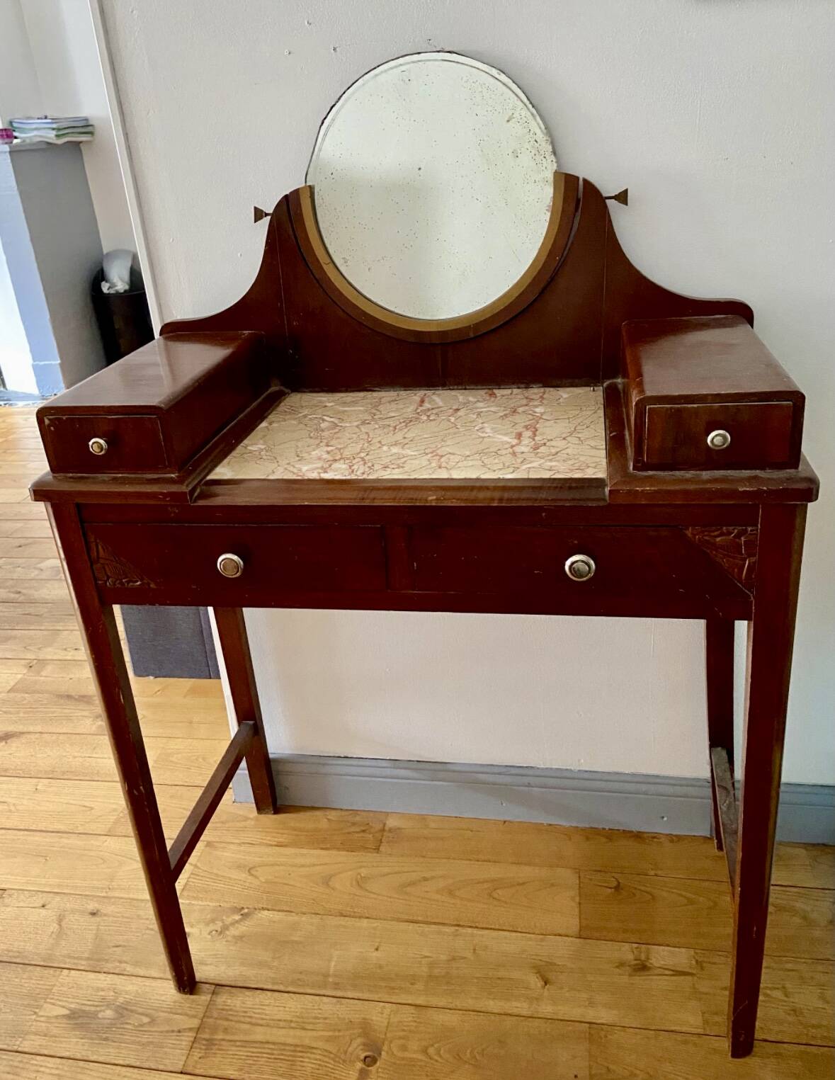 Antique solid wood dressing table – Early 20th century – Marble top & mirror
