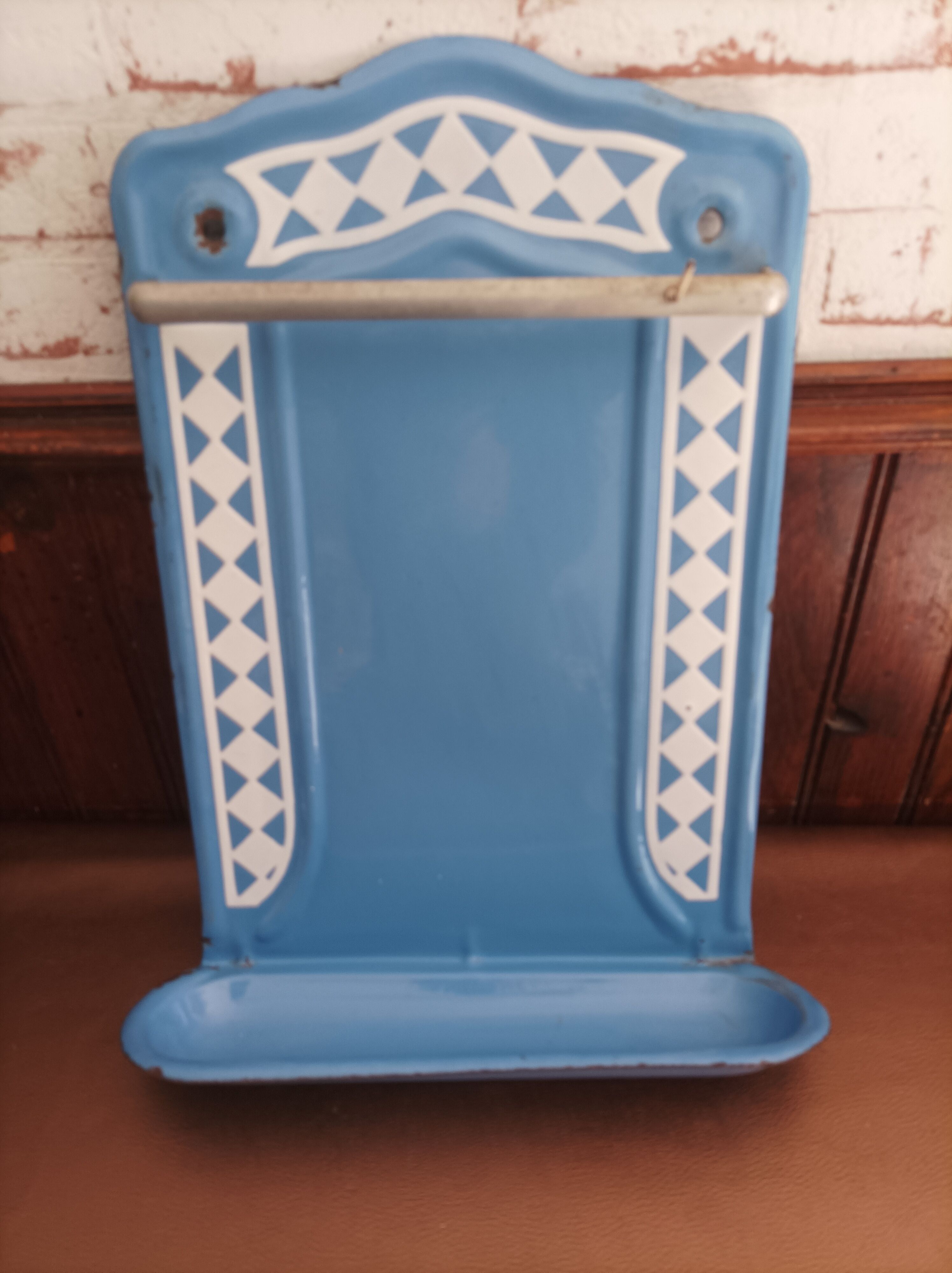 Old door kitchen utensils blue enamelled sheet metal
